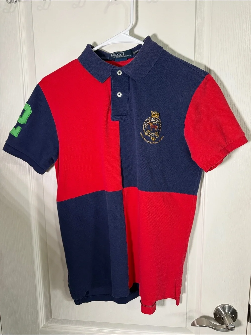 Polo Ralph Lauren Mens Colorblock Crest Polo Shirt Red Blue Size M